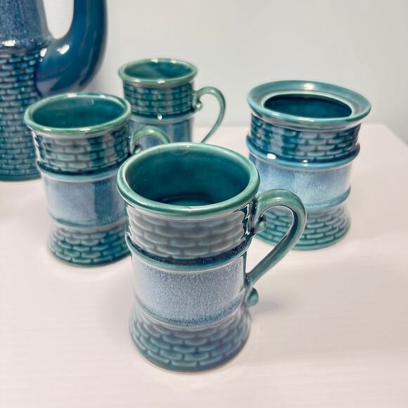 Vintage 70s Decorama Dallas Blue Ceramic Coffee Set Serves 6 Iberian MCM Style - Picture 9 of 11